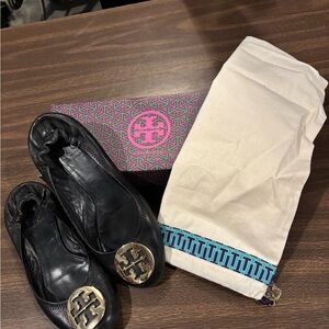 Tory Burch Black Flats with Gold Logo